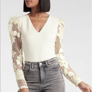 Express Floral Lace Sleeve Thong Bodysuit
